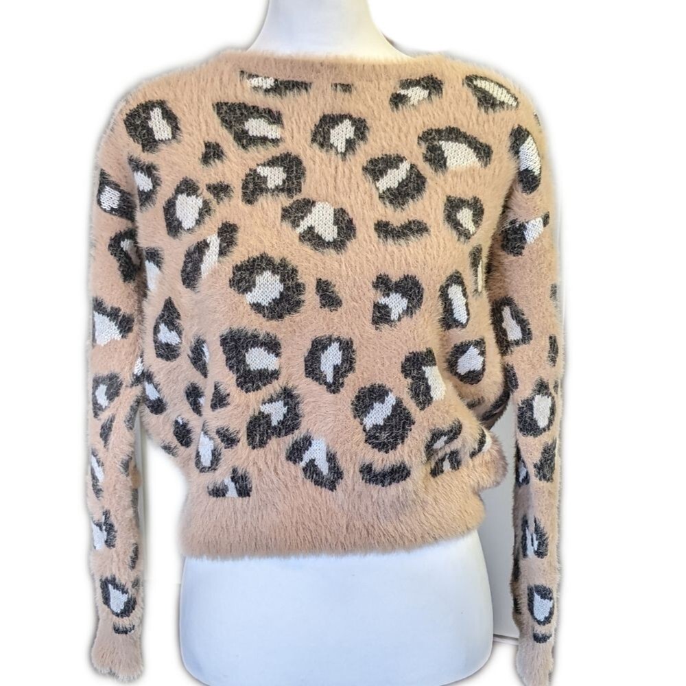 Express animal print cozy eyelash cotton/nylon blend sweater, taupe & black S